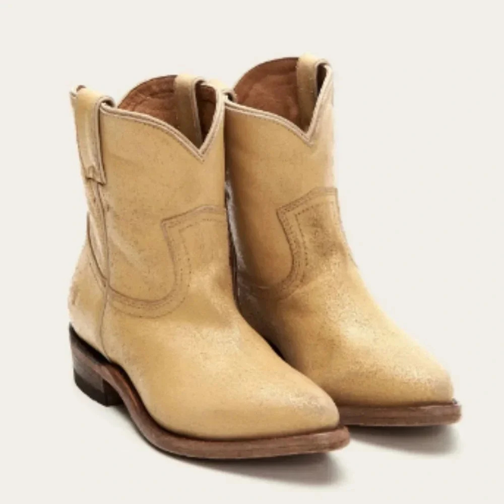 $379 Frye Billy Pull On Sunflower Tan/Beige Crackled Leather Cowboy Short Boot - Picture 2 of 16